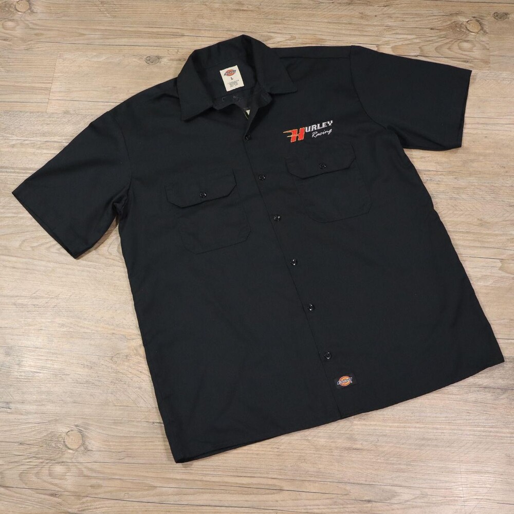 Custom Hurley Racing short-sleeve button-up mechanic work shirt printed on a hea